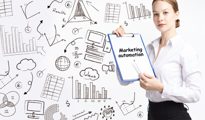 Business, technology, internet and network concept. Young businessman thinks over the steps for successful growth: Marketing automation