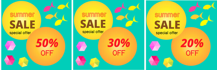 WebSet of Summer Sale poster, banner, advertising, marine style concept. Vector design.