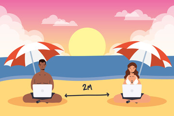 couple using laptop on the beach practicing social distancing scene ,summer time vacations
