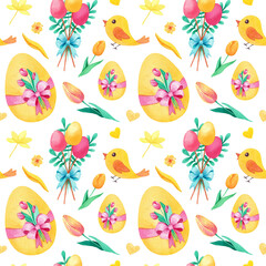 Obraz premium Watercolor Easter seamless pattern, hand drawn on white background with chicken, eggs, tulips, flowers, leaves. Yellow, green, blue, pink colors.