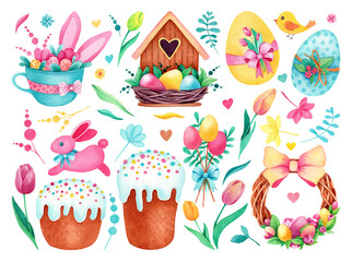 Hand drawn watercolor Easter set on white background isolated. Watercolor easter elements. Eggs, nest, wreath, cup, bunny, cakes, flowers, leaves, branches. Yellow, pink, green, brown, orange colors.