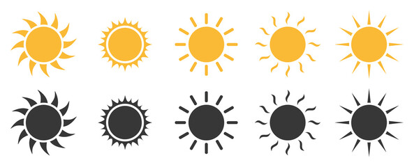 Sun icons collection yellow and black set. Vector illustration