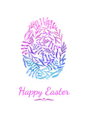 Watercolor hand drawn illustration of Easter egg of branches on white background. Many pink, violet, blue branches. Happy Easter card.