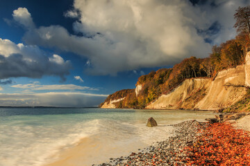 Pirate bay on the island of Ruegen with the chalk cliffs in the morning. Sunshine on coast in autumn with clouds and blue sky. Chalk cliffs with trees and stony coast