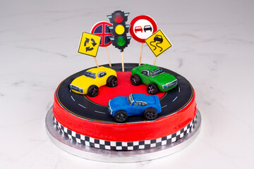 Children's custom cake "Rally" for boys and teenagers, with fillings of tender biscuit
