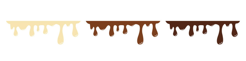 Melted black, white, and milk chocolate drips. Set. Vector illustration
