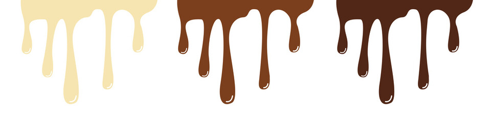 Melted black, white, and milk chocolate drips. Set. Vector illustration

