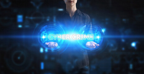 Business, Technology, Internet and network concept. Young businessman working on a virtual screen of the future and sees the inscription: Cyber crime