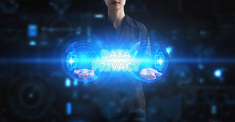 Business, Technology, Internet and network concept. Young businessman working on a virtual screen of the future and sees the inscription: Data privacy
