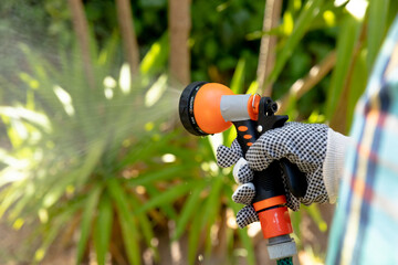 Senior of a man  watering plants with a hose in the garden