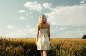 Beautiful blonde girl in wheat field in sunset time