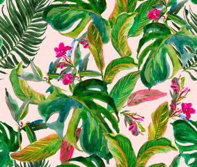 Seamless Pattern Watercolor Hand  Painted Artwork with Tropical Exotic Leaves and Flowers, Floral Jungle Print Many Palm  and Monstera Leaves with Red Flowers on Pink Background