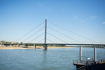 Dusseldorf, Germany – July 24, 2019: The Rheinkniebrücke is a cable-stayed bridge over the Rhine in Düsseldorf, opened to traffic on 16 October 1969.
