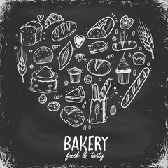 Vector illustration for bakery shops on a blackboard. Heart shape composition from hand drawn bread in sketch style. Fresh bread poster concept.