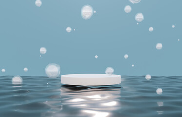 Natural beauty podium backdrop with bubbles for cosmetic product display. Abstract 3d seascape scene background.