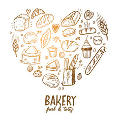 Vector illustration for bakery shops. Heart shape composition from hand drawn bread in sketch style. Fresh bread poster concept.