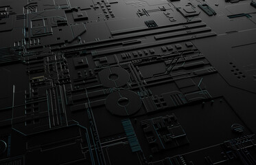 Futuristic Abstract Background with technology circuit board texture. 3d black tech background.