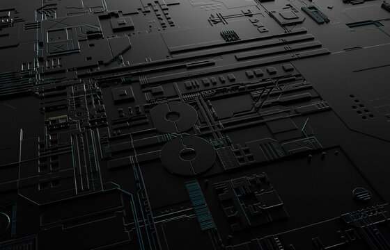 Futuristic Abstract Background with technology circuit board texture. 3d black tech background.