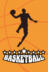 Basketball game sport with player and balloon silhouette emblem