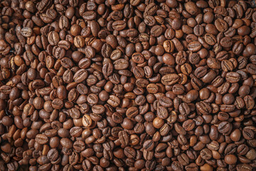 Coffee beans texture. Top view