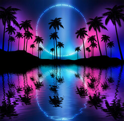 Fototapeta na wymiar Empty dark tropical background of night sea beach, neon light, city lights. Silhouettes of tropical palm trees on a background of bright abstract sunset. Modern futuristic landscape. 3d illustration 