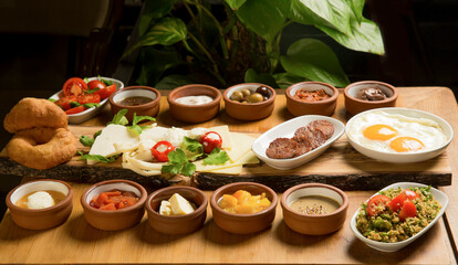 A healthy mediterranean breakfast, specially from Greece and Turkey. An organic combination of eggs, sausage, vegetables, jam, marmalade, olives, butter and sauces
