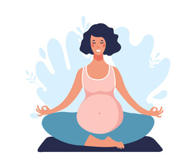 Fototapeta na wymiar Cute young pregnant woman practices yoga in nature. Activity during pregnancy. Mommy meditates in lotus position, the concept of calm. Flat vector illustration isolated on white background