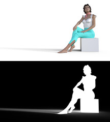 3d render of a retro vintage brunette, in short pants, open shoes on heel and small scarf. Who sits elegantly on a square box smiling and looking up