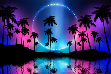 Fototapeta na wymiar Empty dark tropical background of night sea beach, neon light, city lights. Silhouettes of tropical palm trees on a background of bright abstract sunset. Modern futuristic landscape. 3d illustration 
