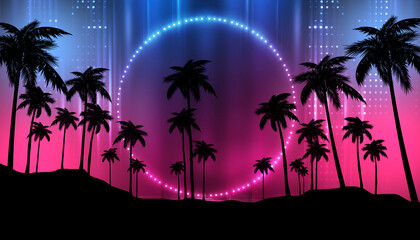 Empty dark tropical background of night sea beach, neon light, city lights. Silhouettes of tropical palm trees on a background of bright abstract sunset. Modern futuristic landscape. 3d illustration
