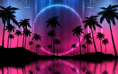 Küchenrückwand glas motiv Rosa Leerer dunkler tropischer Hintergrund des Nachtseestrandes, Neonlicht, Stadtlichter. Schattenbilder von tropischen Palmen auf einem Hintergrund des hellen abstrakten Sonnenuntergangs. Moderne futuristische Landschaft. 3D-Darstellung