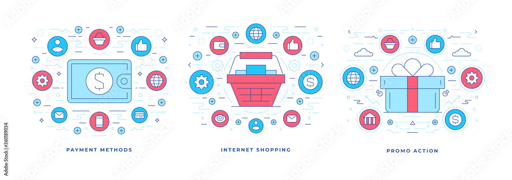 Poster set of vector illustrations flat line designs of various options for online store shopping with icon