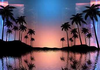 Empty dark tropical background of night sea beach, neon light, city lights. Silhouettes of tropical palm trees on a background of bright abstract sunset. Modern futuristic landscape. 3d illustration
