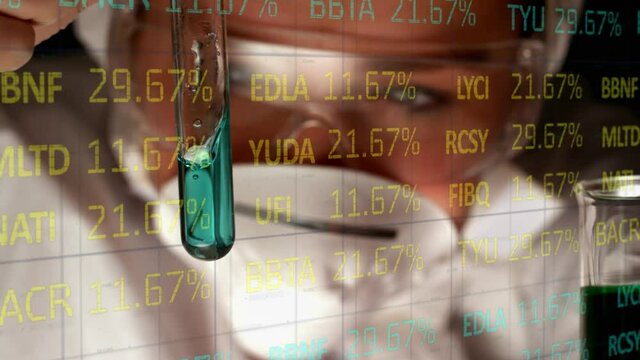 Digital composite video of Scientist holding testube against stock market data processing in backgro