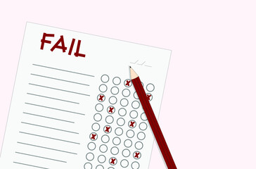 exam fail paper and pencil on pink background. fail word written red cut lines style and cross marks, optical form. education and success theme illustration