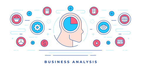 Vector illustration of flat line banner with human profile and icons for website promoting business analysis services