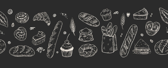 Hand drawn seamless banner with hand drawn doodle bread, vector illustration, panoramic composition for bakery shop.