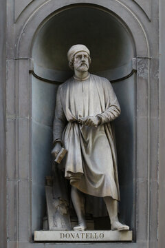 Statue of Donatello, famous sculptor and architect, outdoor of the Uffizi Museums, Florence, Italy, touristic place