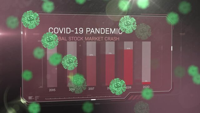Red screen with data processing about Covid19 pandemic and cells floating - Powered by Adobe