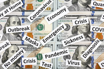 Coronavirus, COVID-19 headline clippings on 100 USD banknotes
