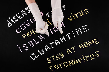 Two hands in medical gloves with fuck and fig gesture. Pandemic headline clipping words made of multicolored pills on black background