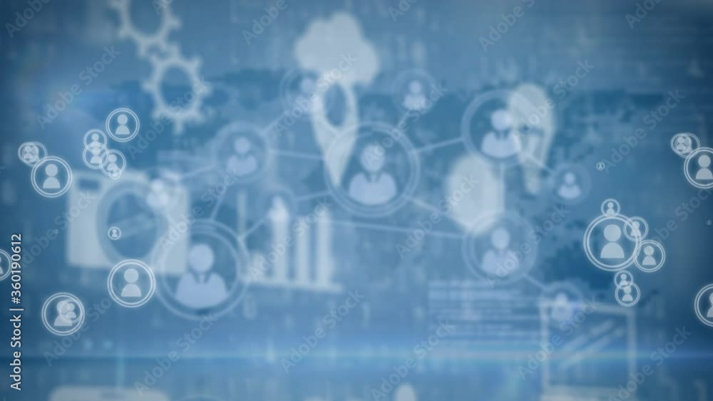 Poster animation of web connections with social icons and data processing floating over african american