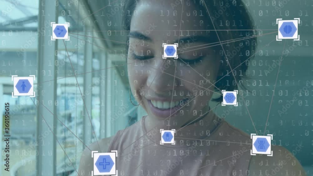 Poster animation of web connections and data processing floating over mixed race woman using smartwatch
