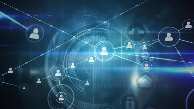 Animation of web connections and icons floating over circles on black background