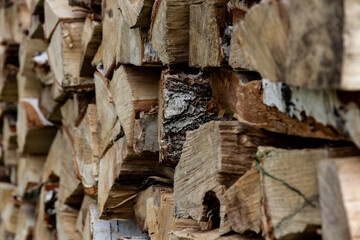 folded woodpile firewood outdoors in a village on a bright summer day