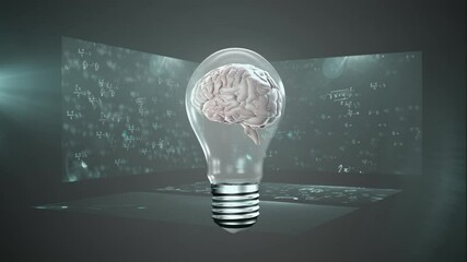 Animation of a light bulb with a 3D human brain model spinning over three screens with mathematical  - Powered by Adobe