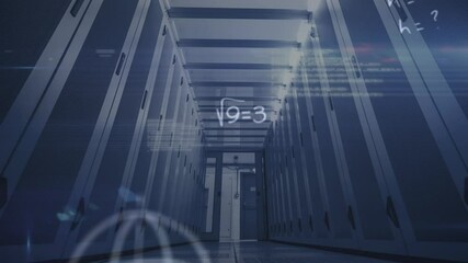 Animation of mathematical equations and symbols floating over an empty server room - Powered by Adobe