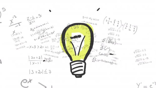 Animation of a light bulb drawing over black mathematical equations floating on white background