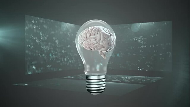 Animation of a light bulb with a 3D human brain model spinning over three screens with mathematical 