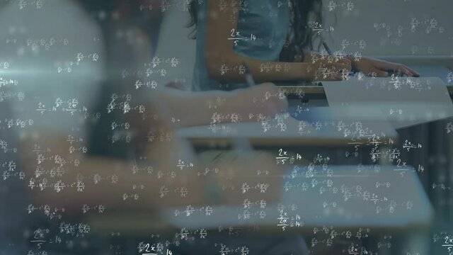 Animation of math equations with classroom and student working on background